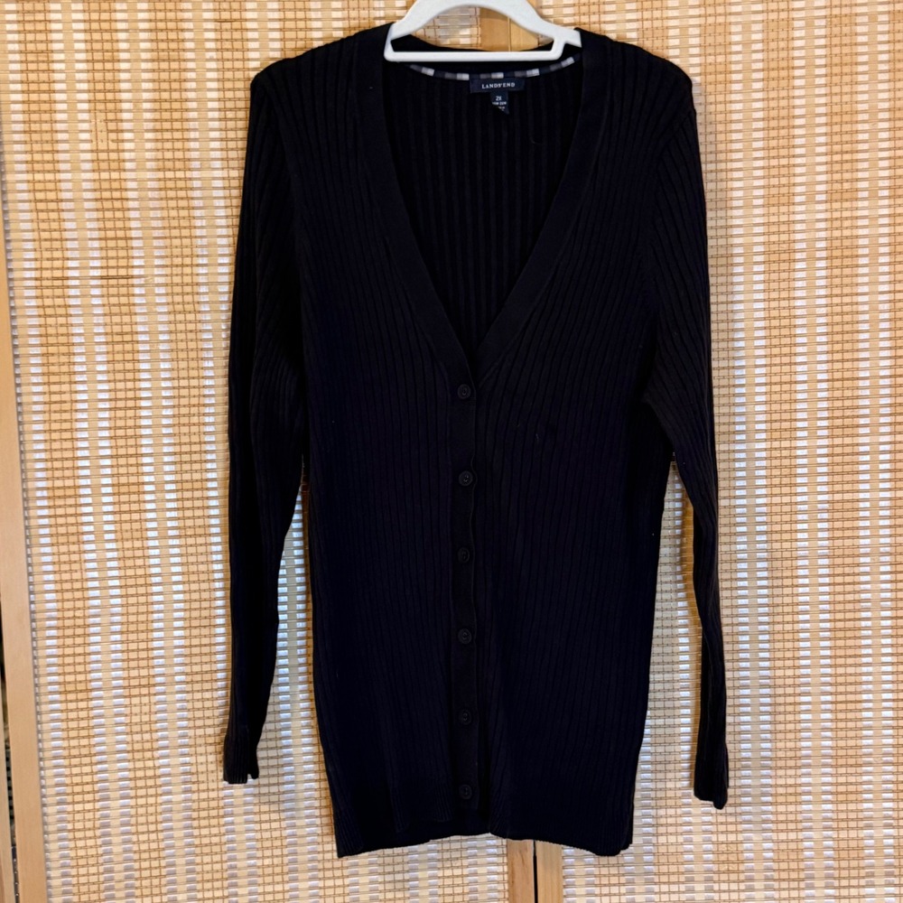 Lands End Black Ribbed V-Neck Cardigan Sweater 2X 20W-22W Cotton Long Sleeve